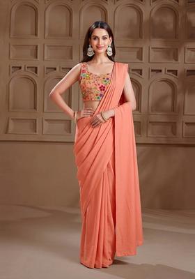 Peach Embroidered Crepe Pre Draped Saree Set