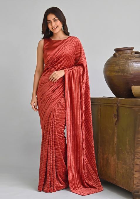 Red Solid Satin Pre Draped Saree Set