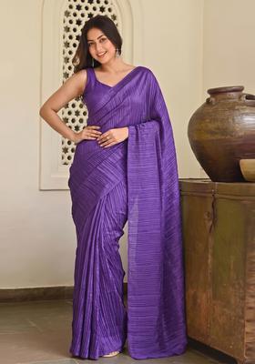 Purple Solid Satin Pre Draped Saree Set