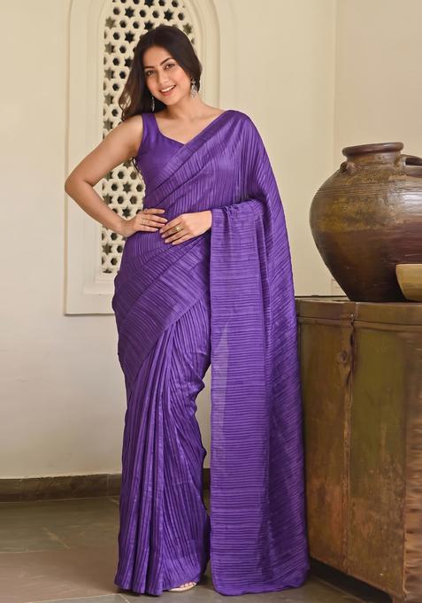 Purple Solid Satin Pre Draped Saree Set