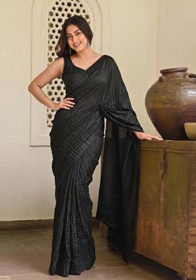 Black Solid Satin Pre Draped Saree Set
