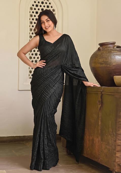 Black Solid Satin Pre Draped Saree Set