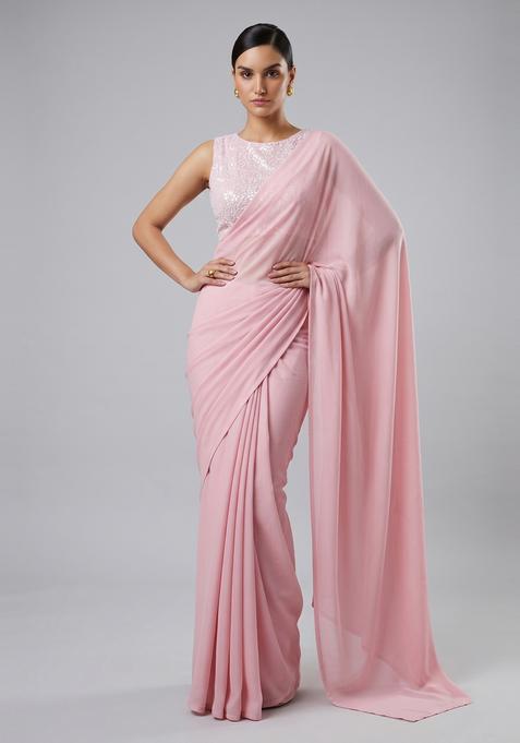 Light Pink Sequin Pre Draped Saree Set