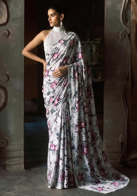 Grey Printed Silk Pre Draped Saree Set