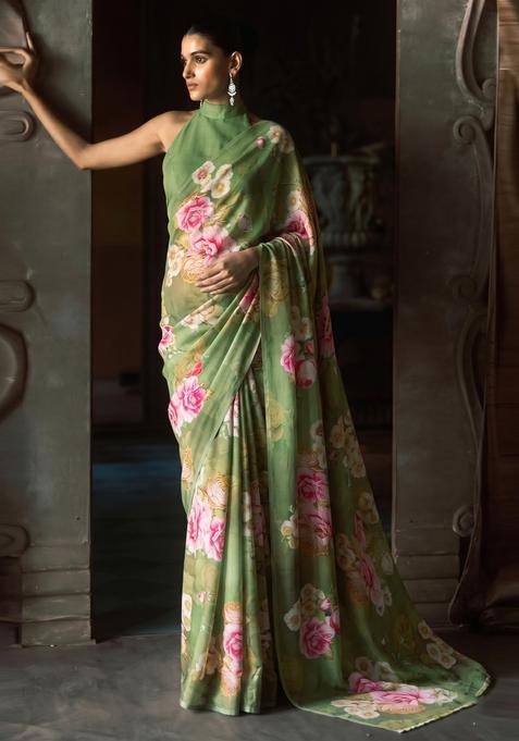 Olive Green Solid Pre Draped Saree Set