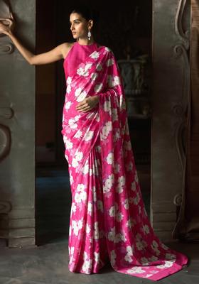 Magenta Printed Silk Blend Pre Draped Saree Set