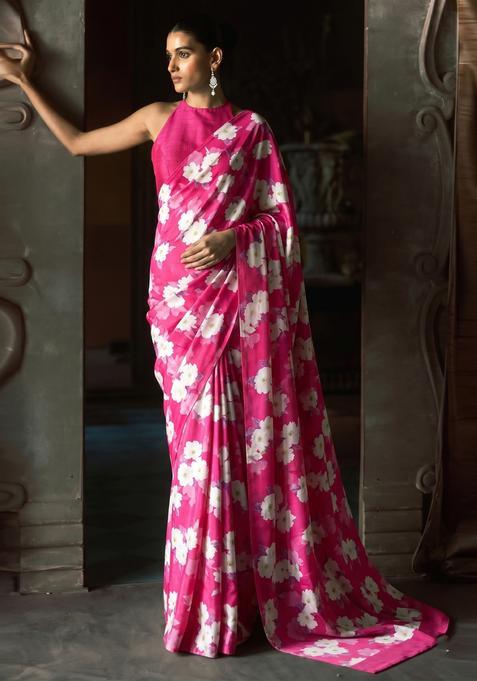 Magenta Printed Silk Pre Draped Saree Set