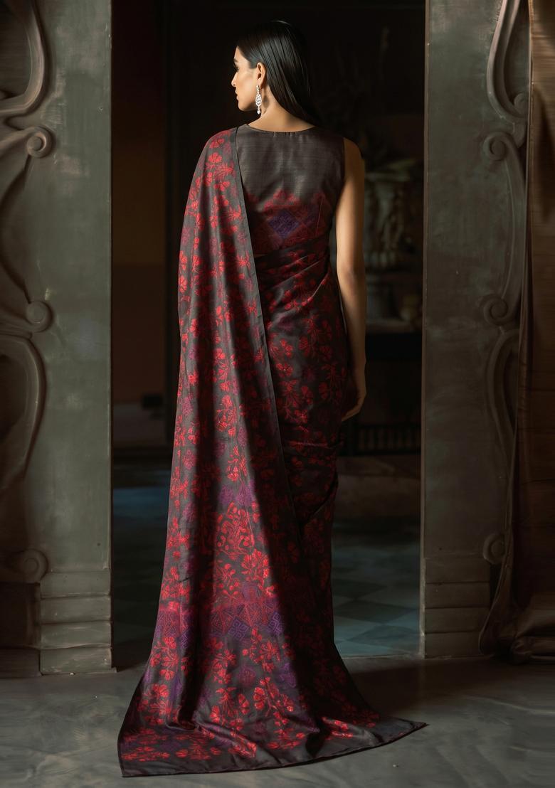 Wine Red Printed Pre Draped Saree Set - Indya