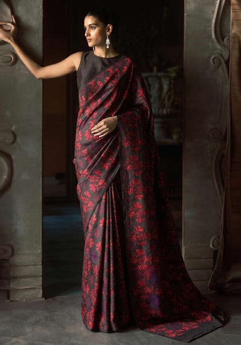 Wine Red Printed Pre Draped Saree Set
