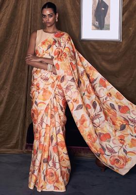 Orange Solid Organza Pre Draped Saree Set