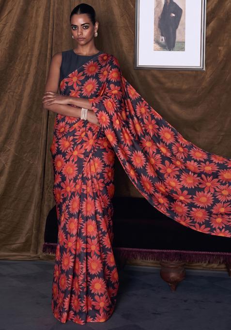 Red Solid Organza Pre Draped Saree Set