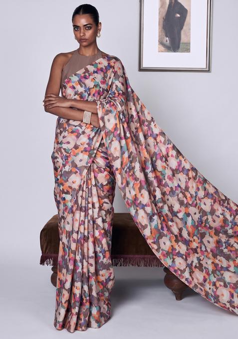 Multicolor Solid Organza Pre Draped Saree Set