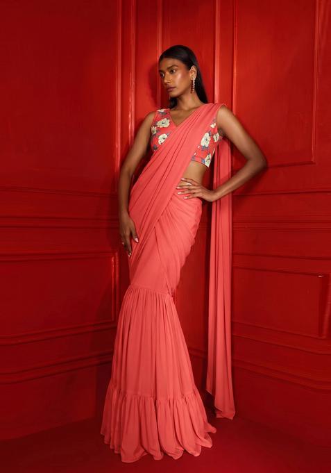 Coral Printed Georgette Pre Draped Saree Set
