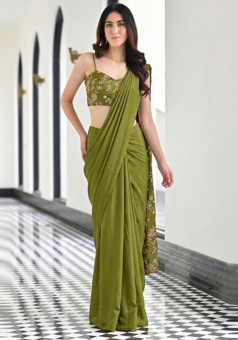 Olive Green Embroidered Crepe Pre Draped Saree Set