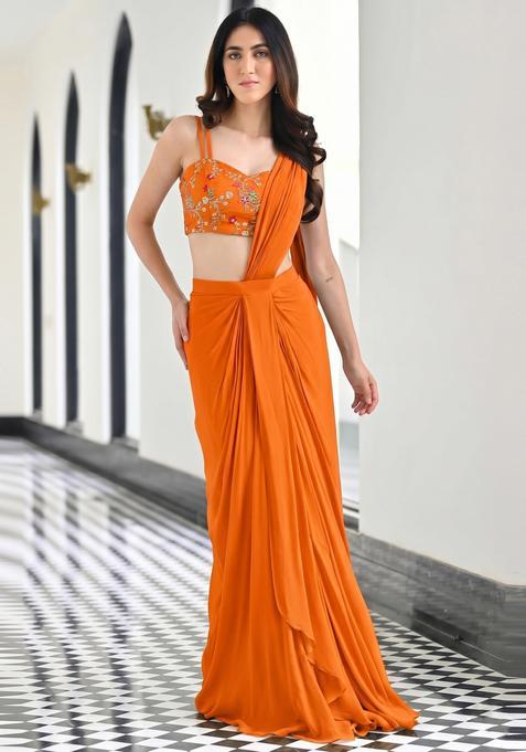 Bright Orange Embroidered Crepe Pre Draped Saree Set