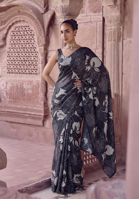 Black Printed Georgette Pre Draped Saree Set