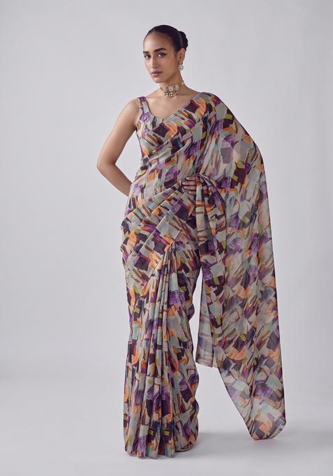 Grey Printed Georgette Pre Draped Saree Set