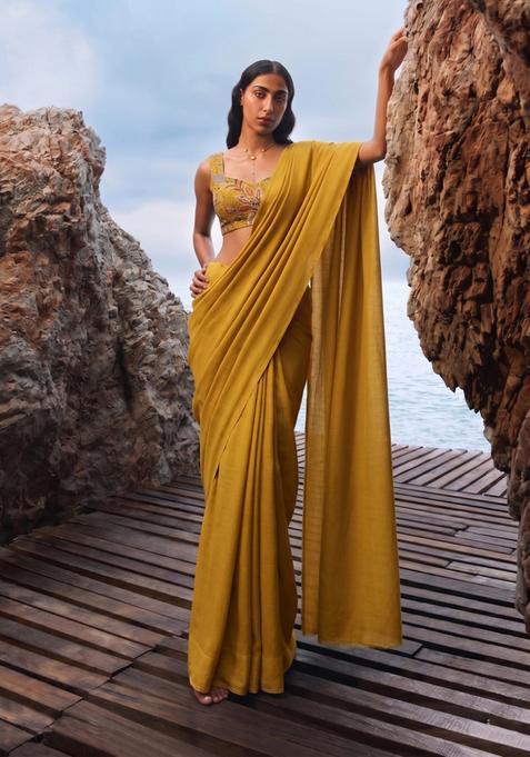 Mustard Printed Organza Pre Draped Saree Set