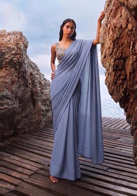 Pastel Blue Printed Organza Pre Draped Saree Set