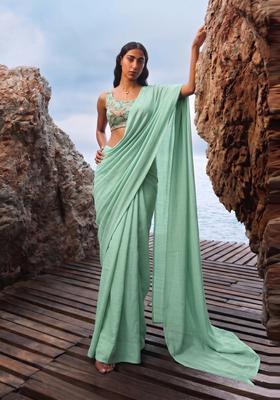 Mint Green Printed Organza Pre Draped Saree Set