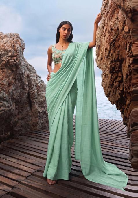 Mint Green Printed Organza Pre Draped Saree Set