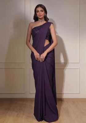 Deep Purple Sequin Net Pre Draped Saree Set