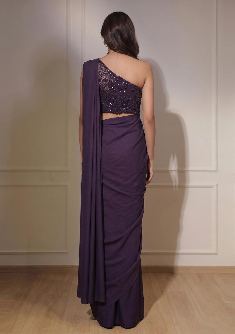 Deep Purple Sequin Net Pre Draped Saree Set - Indya