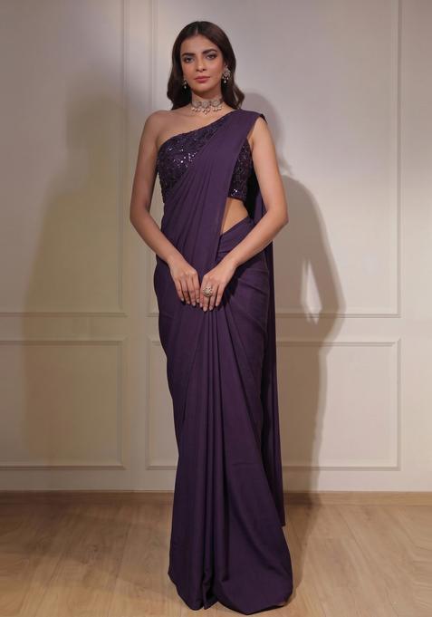 Deep Purple Sequin Net Pre Draped Saree Set