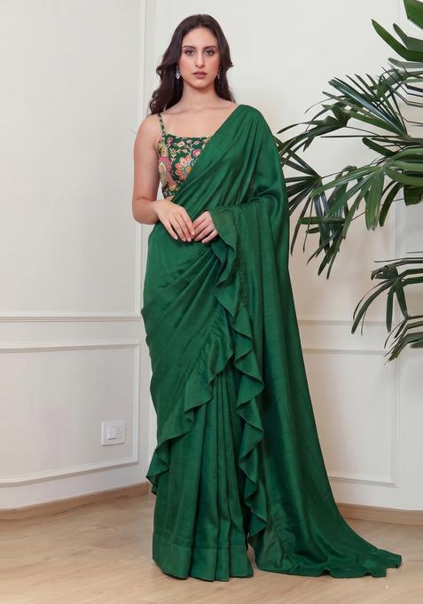 Bottle Green Embroidered Crepe Pre Draped Saree Set