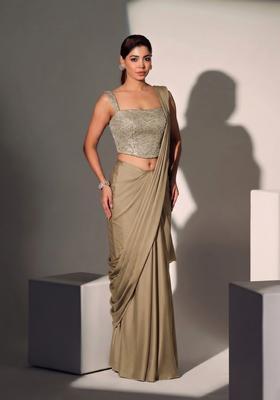 Light Brown Sequin Georgette Pre Draped Saree Set
