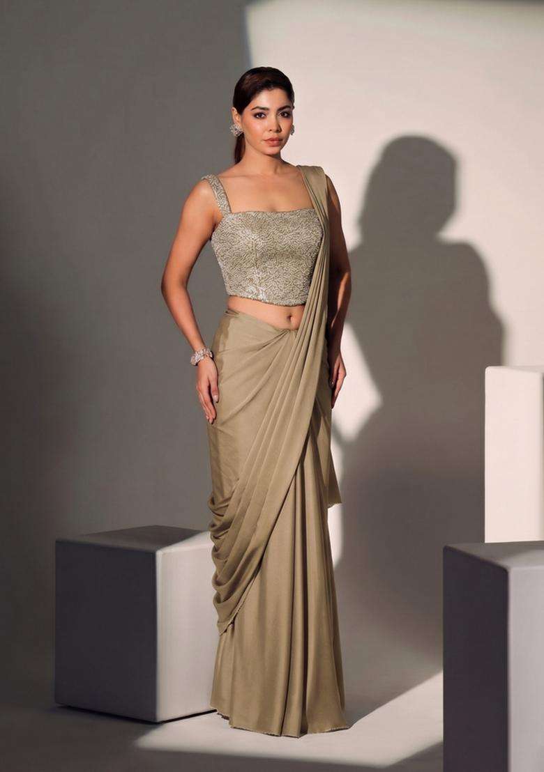 Light Brown Georgette Pre Draped Saree Set with Sequin for Diwali | Wedding & Festive Wear - Indya