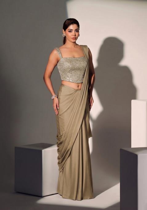 Light Brown Sequin Georgette Pre Draped Saree Set