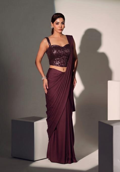 Dark Brown Sequin Georgette Pre Draped Saree Set