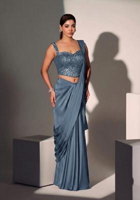 Midnight Blue Sequin Georgette Pre Draped Saree Set