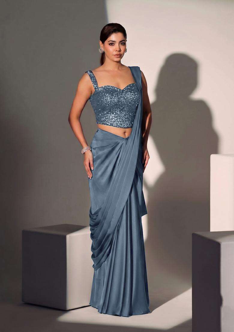 Midnight Blue Sequin Georgette Pre Draped Saree Set - Indya