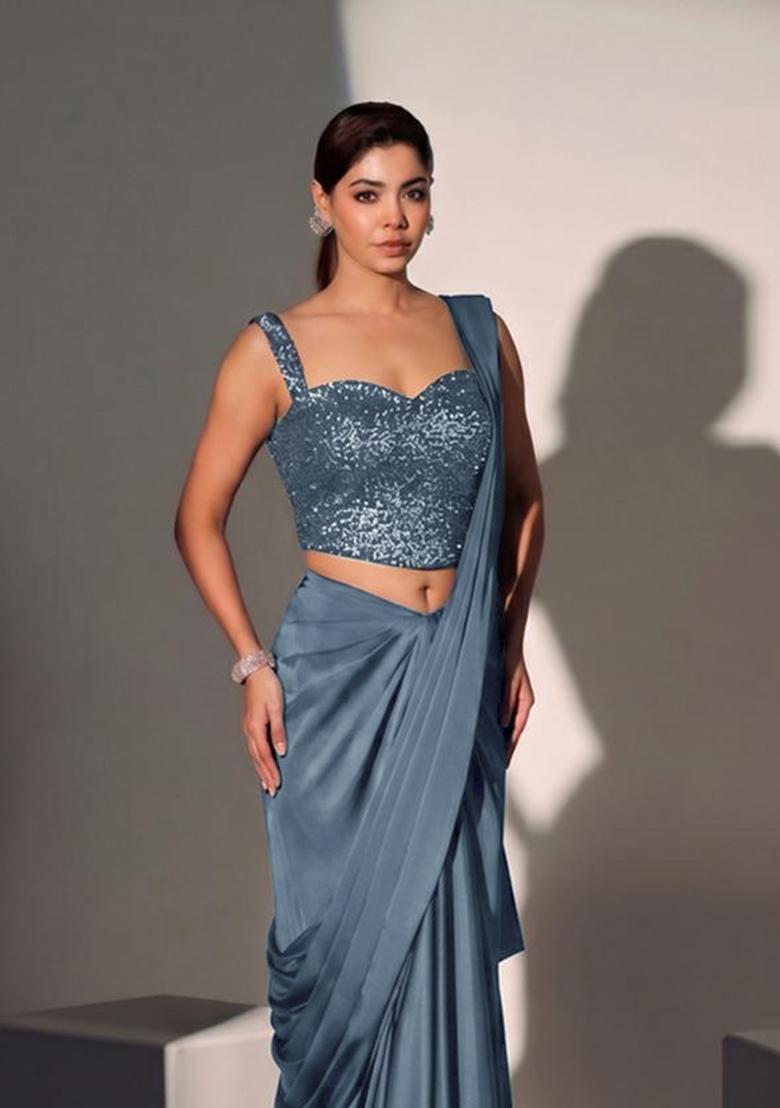 Midnight Blue Sequin Georgette Pre Draped Saree Set - Indya