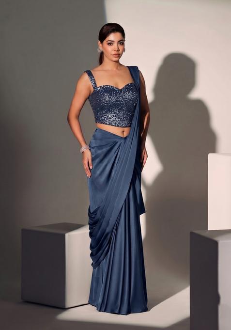Midnight Blue Sequin Georgette Pre Draped Saree Set