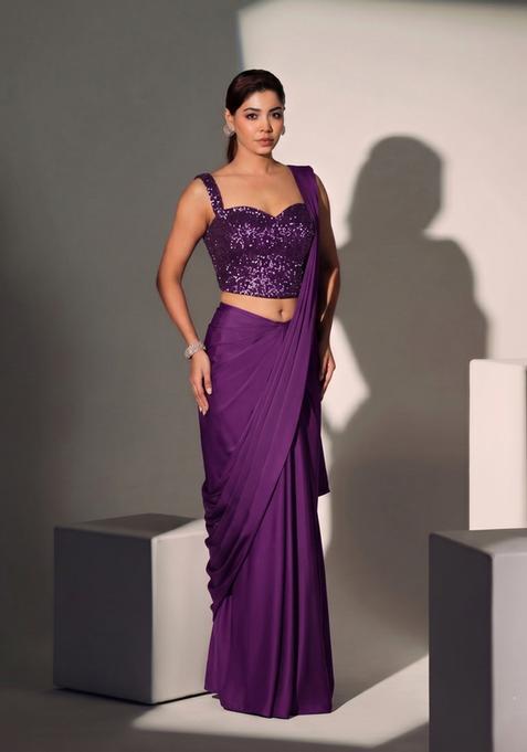 Plum Sequin Georgette Pre Draped Saree Set