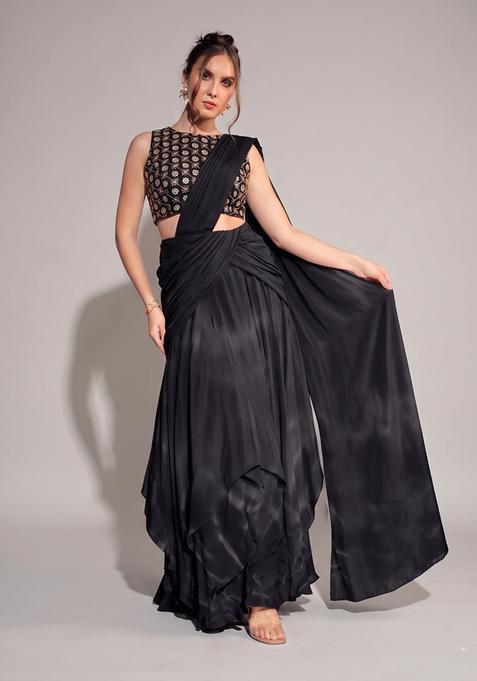 Black Sequin Georgette Pre Draped Saree Set