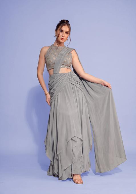 Grey Sequin Georgette Pre Draped Saree Set