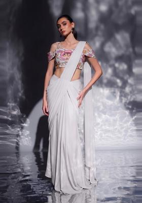 Off White Printed Organza Pre Draped Saree Set