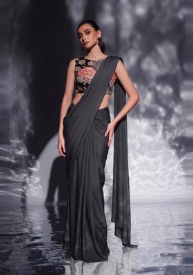 Black Printed Organza Pre Draped Saree Set
