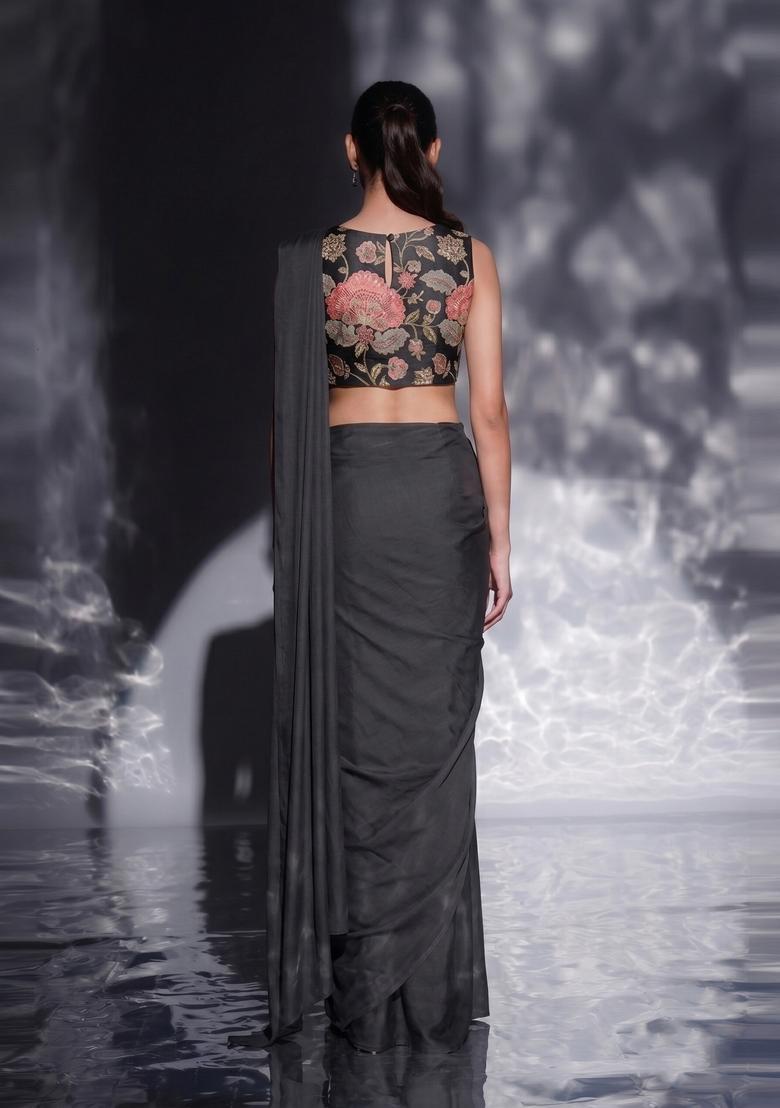 Black Printed Organza Pre Draped Saree Set - Indya