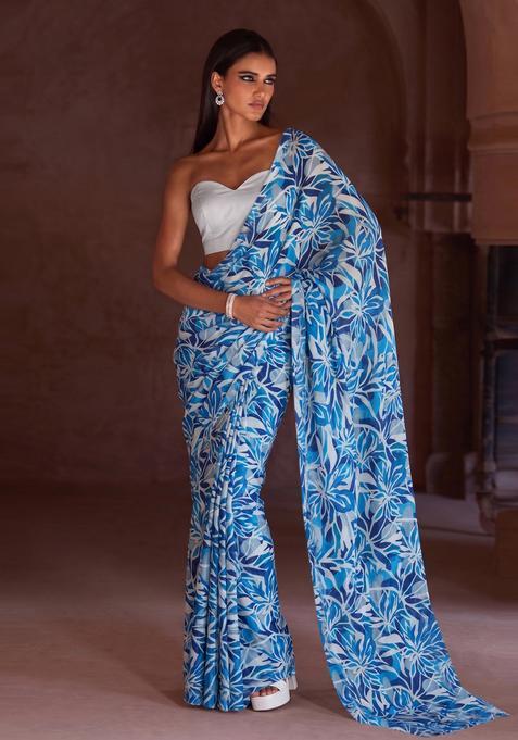 Blue Solid Crepe Pre Draped Saree Set