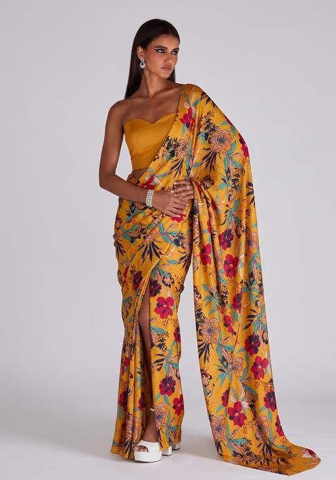 Mustard Solid Crepe Pre Draped Saree Set