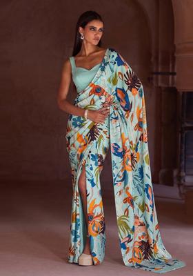 Light Blue Solid Crepe Pre Draped Saree Set