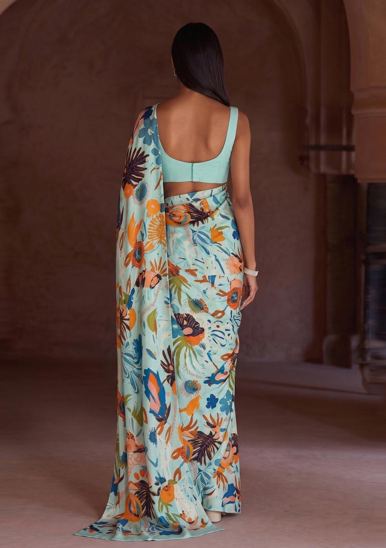 Light Blue Solid Crepe Pre Draped Saree Set - Indya