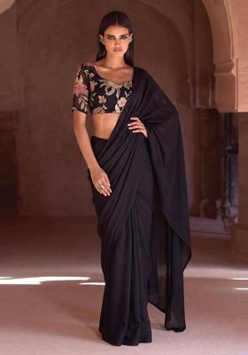 Black Embroidered Organza Pre Draped Saree Set