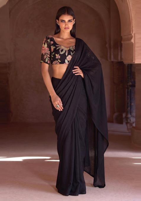 Black Embroidered Organza Pre Draped Saree Set