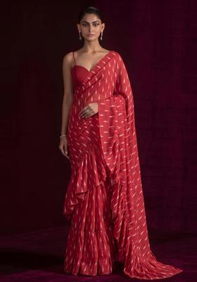 Red Printed Georgette Pre Draped Saree Set